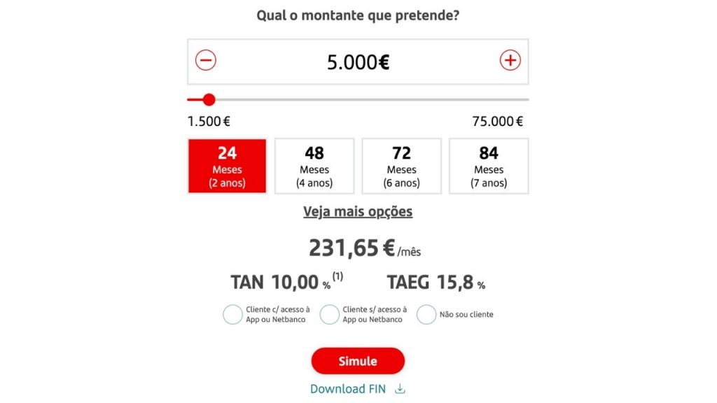 screenshot com simulador de crédito santander